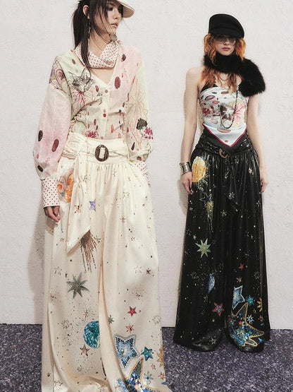 OfAkiva Horus Watercolor Cat Print Blouse With Bow Tie