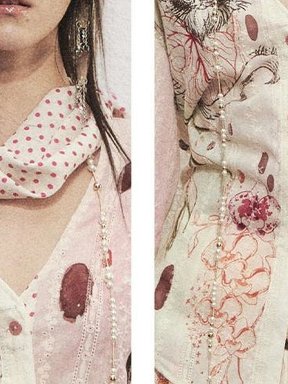 OfAkiva Horus Watercolor Cat Print Blouse With Bow Tie