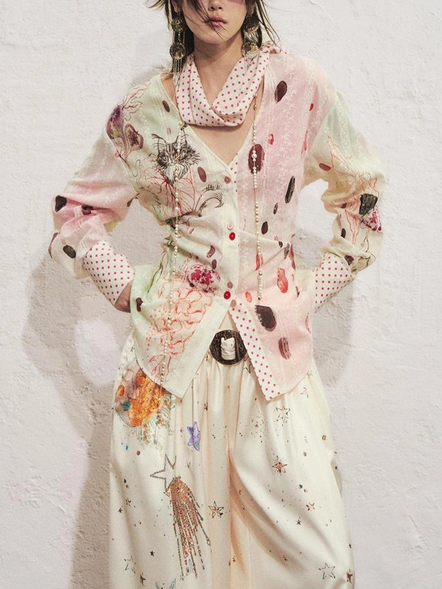 OfAkiva Horus Watercolor Cat Print Blouse With Bow Tie