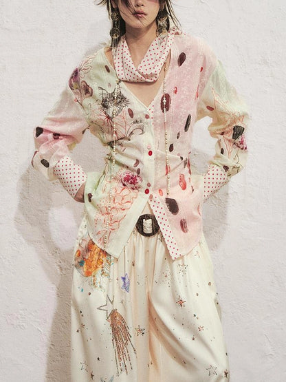 OfAkiva Horus Watercolor Cat Print Blouse With Bow Tie