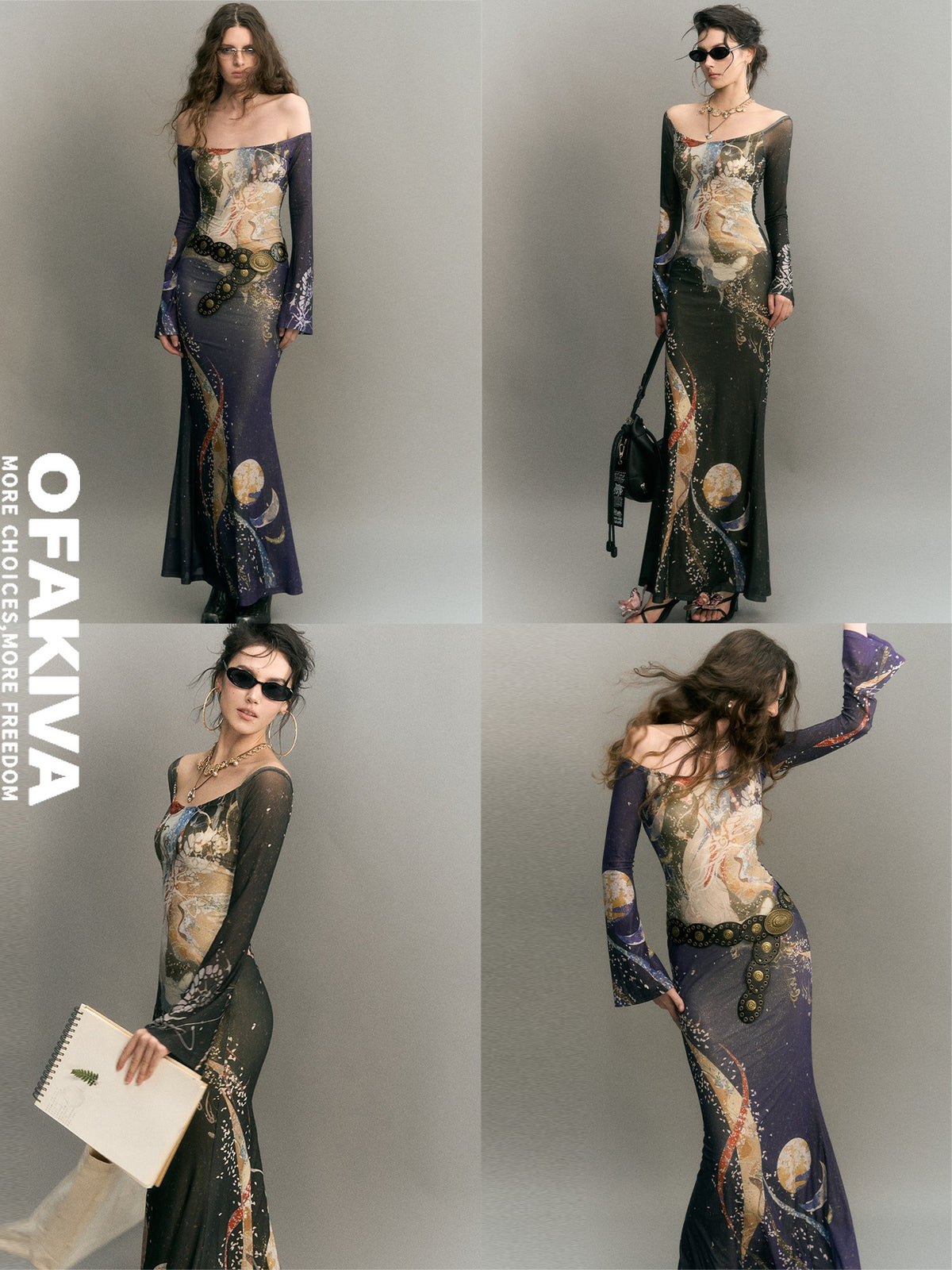 OfAkiva Illustration Knit Mermaid Halter Off Shoulder Long Sleeve Women&