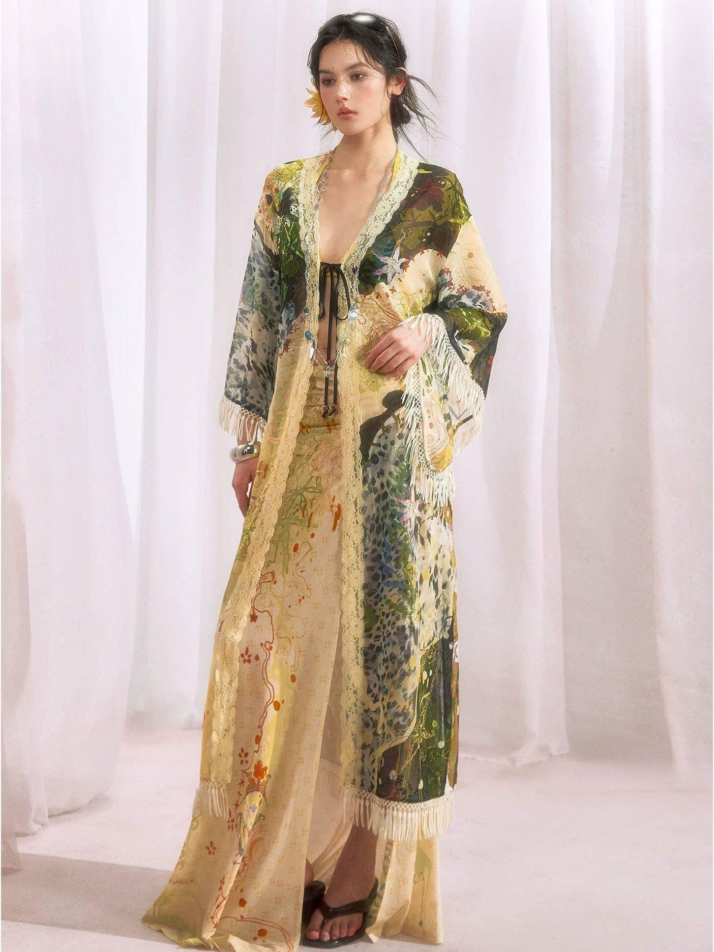 OfAkiva Ink Rainforest Floral Cuff Print V-neck Aline Contrast Women&