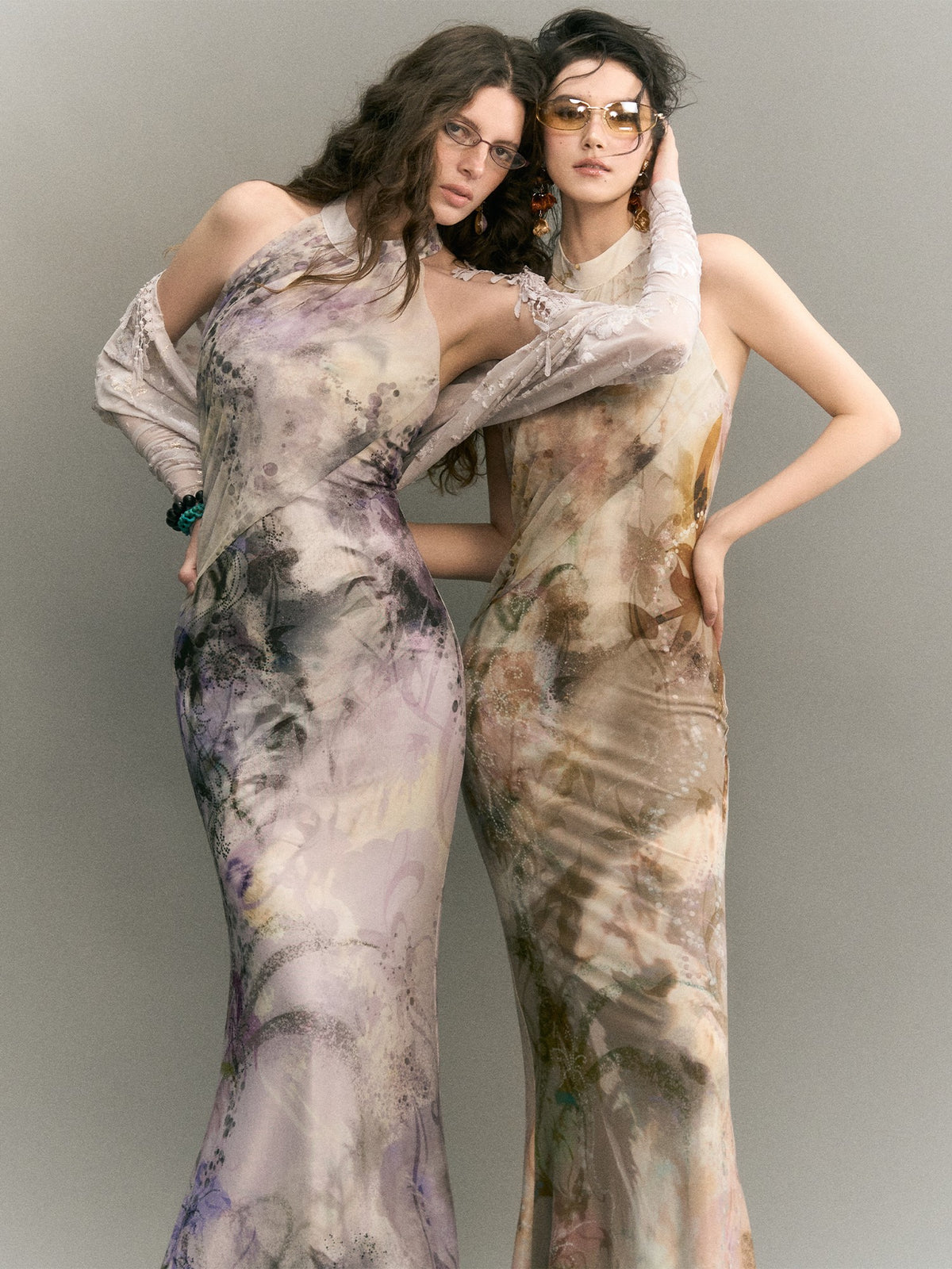 OfAkiva Ink Wash Halter Slim Fit Mermaid Hem A Line Women&