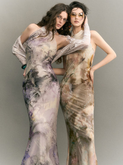 OfAkiva Ink Wash Halter Slim Fit Mermaid Hem A Line Women&
