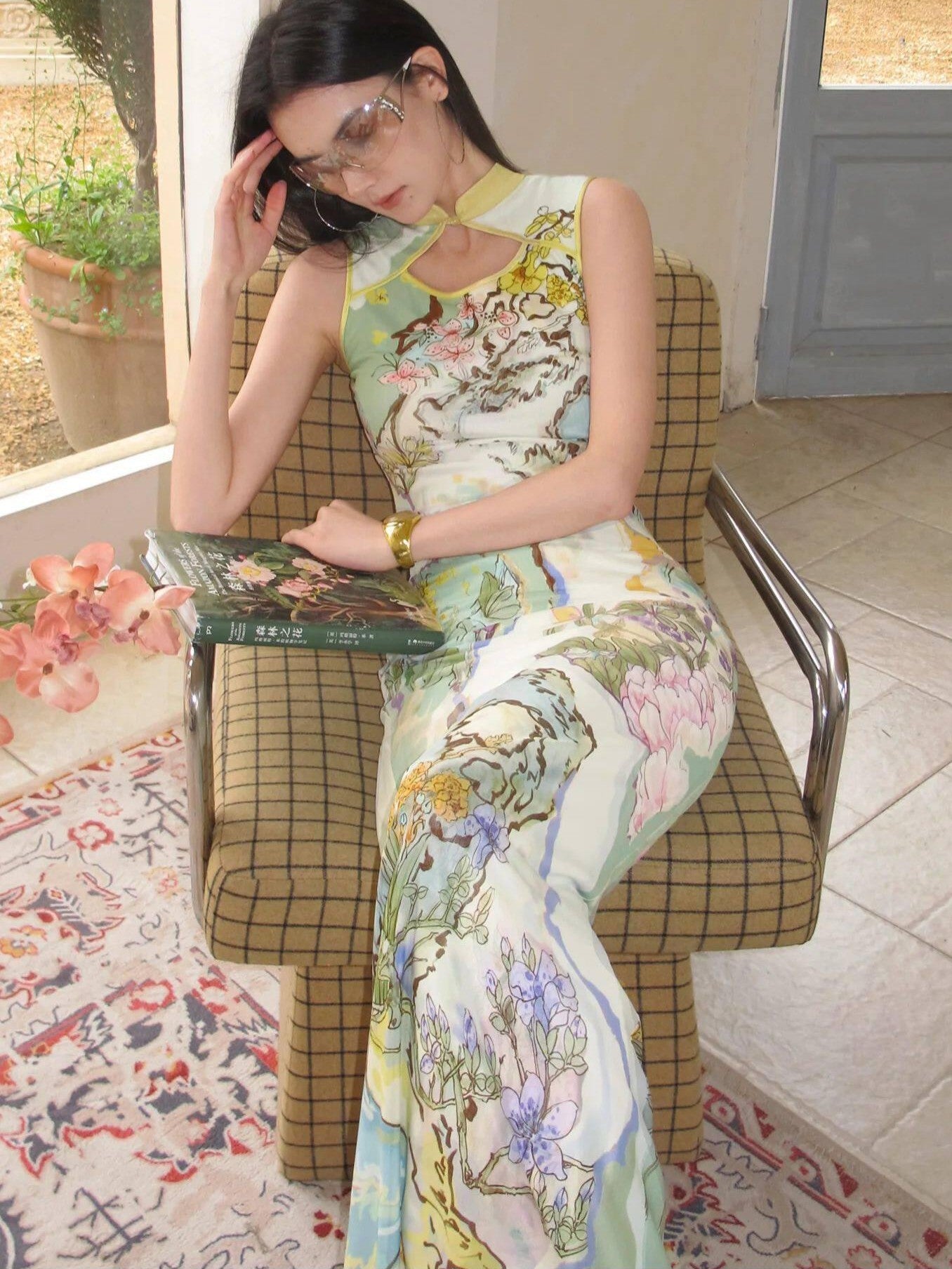 OfAkiva Ink Wash Print New Chinese High Waist Cheongsam Collar Women&