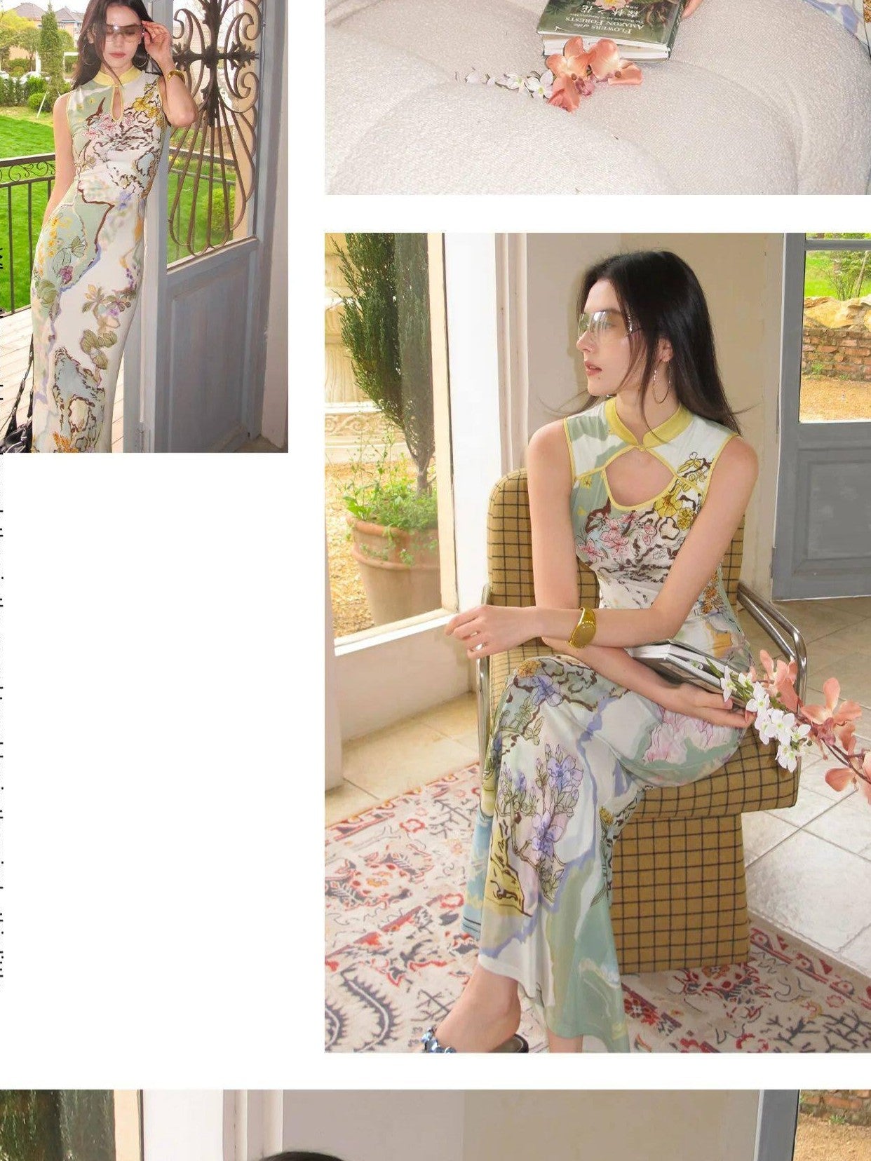 OfAkiva Ink Wash Print New Chinese High Waist Cheongsam Collar Women&