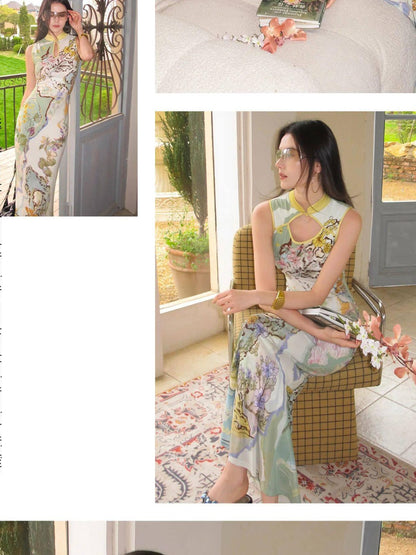 OfAkiva Ink Wash Print New Chinese High Waist Cheongsam Collar Women&