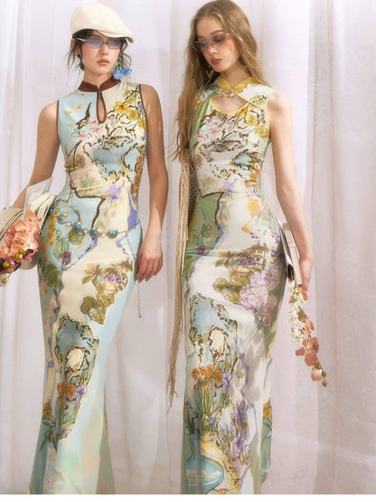 OfAkiva Ink Wash Print New Chinese High Waist Cheongsam Collar Women&