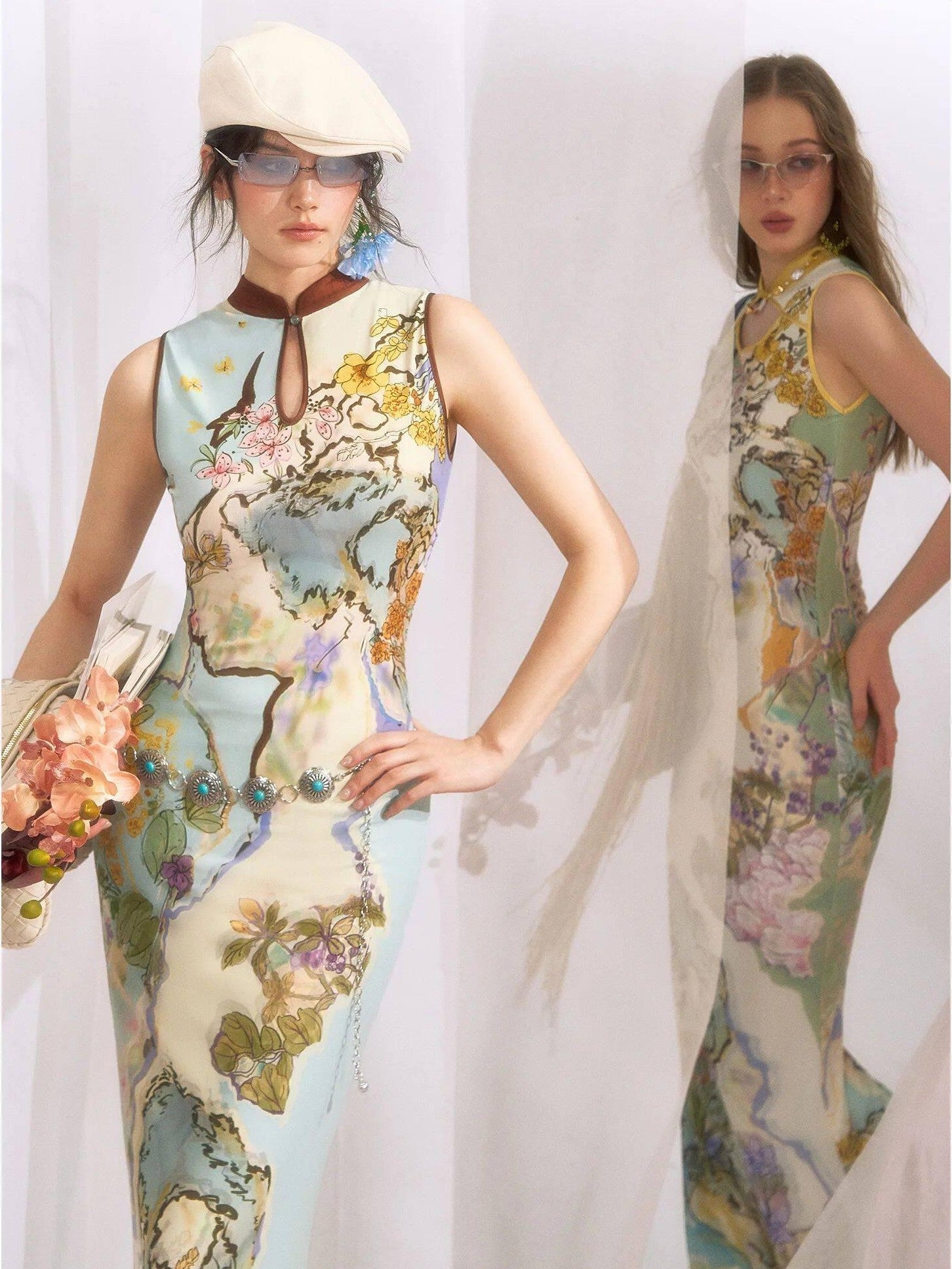 OfAkiva Ink Wash Print New Chinese High Waist Cheongsam Collar Women&