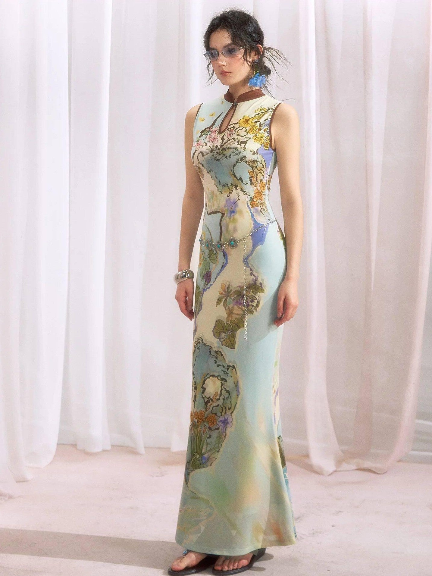 OfAkiva Ink Wash Print New Chinese High Waist Cheongsam Collar Women&