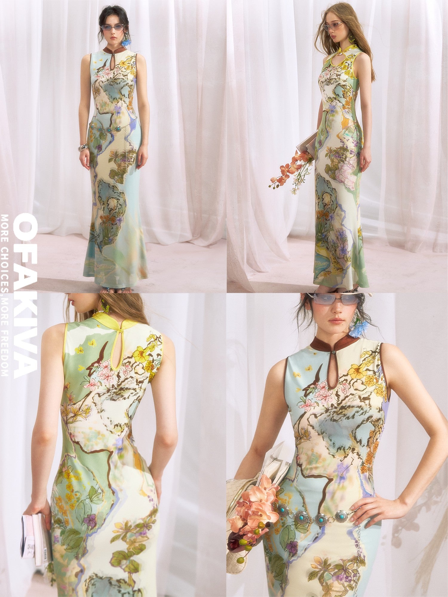 OfAkiva Ink Wash Print New Chinese High Waist Cheongsam Collar Women&