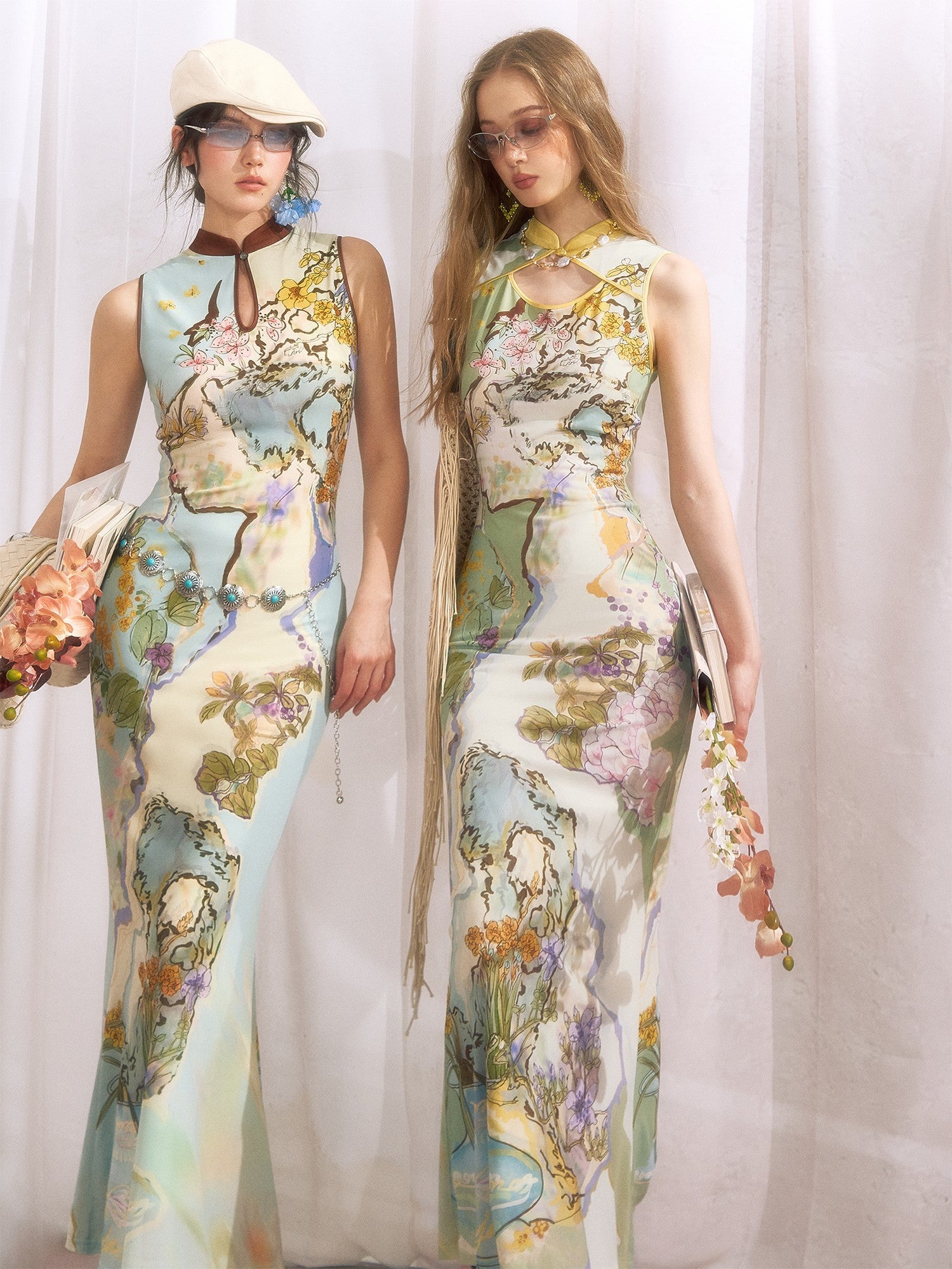 OfAkiva Ink Wash Print New Chinese High Waist Cheongsam Collar Women&