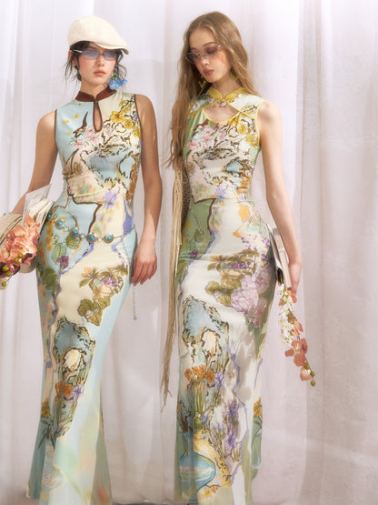 OfAkiva Ink Wash Print New Chinese High Waist Cheongsam Collar Women&