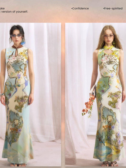 OfAkiva Ink Wash Print New Chinese High Waist Cheongsam Collar Women&