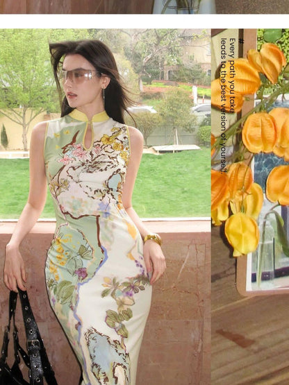OfAkiva Ink Wash Print New Chinese High Waist Cheongsam Collar Women&