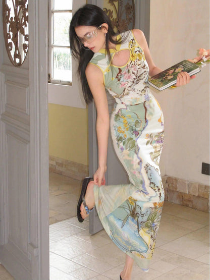 OfAkiva Ink Wash Print New Chinese High Waist Cheongsam Collar Women&