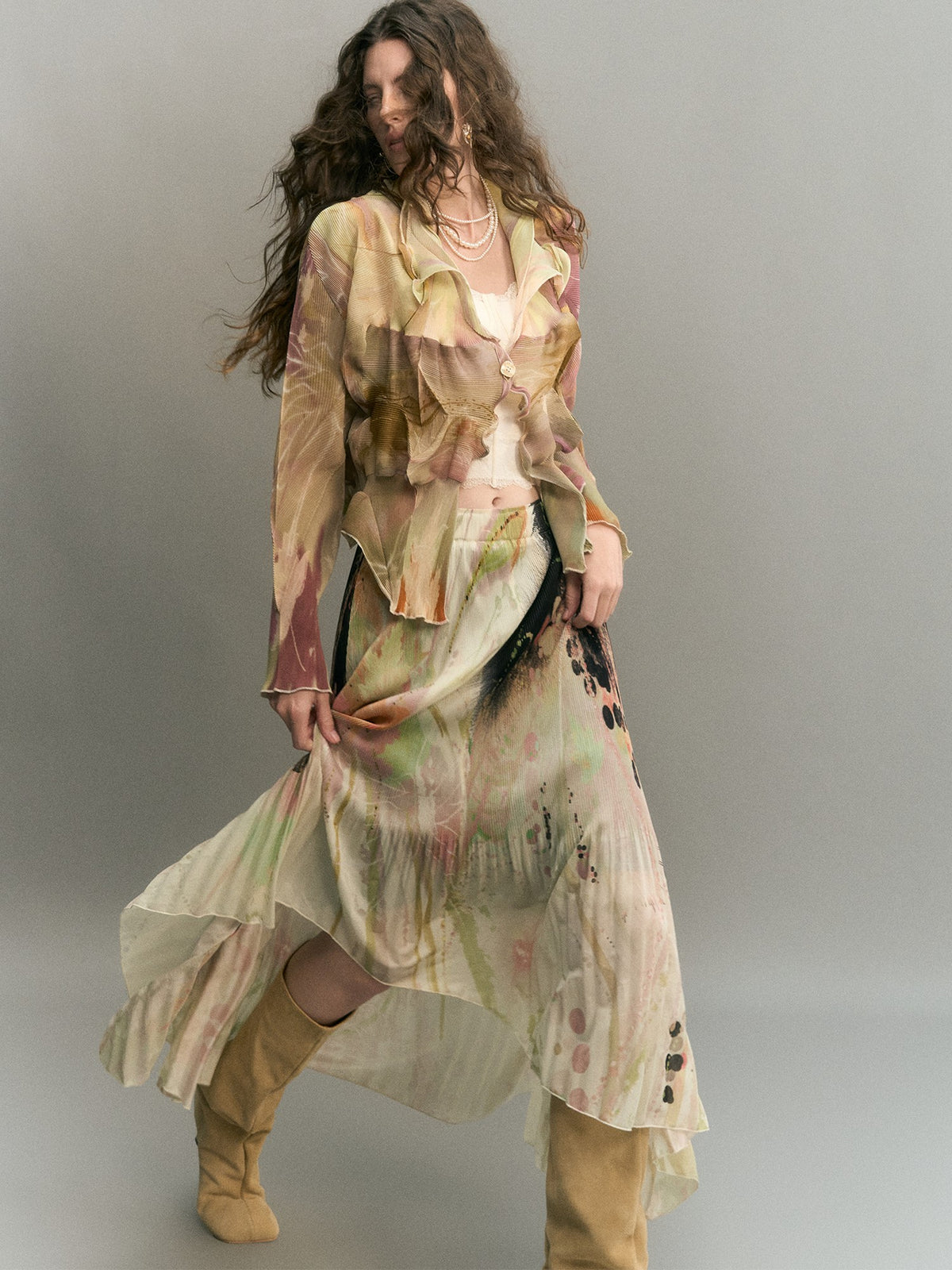 OfAkiva Irregular Pleated Ink Print Long Sleeve Women&