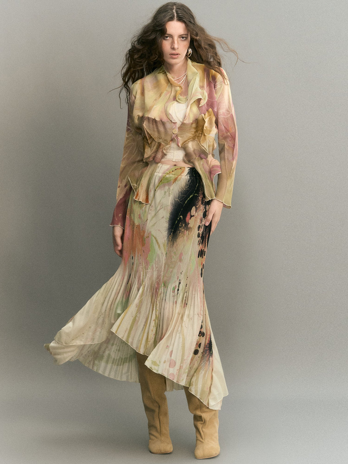OfAkiva Irregular Pleated Ink Print Long Sleeve Women&