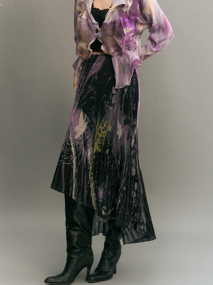 OfAkiva Irregular Pleated Ink Print Long Sleeve Women&