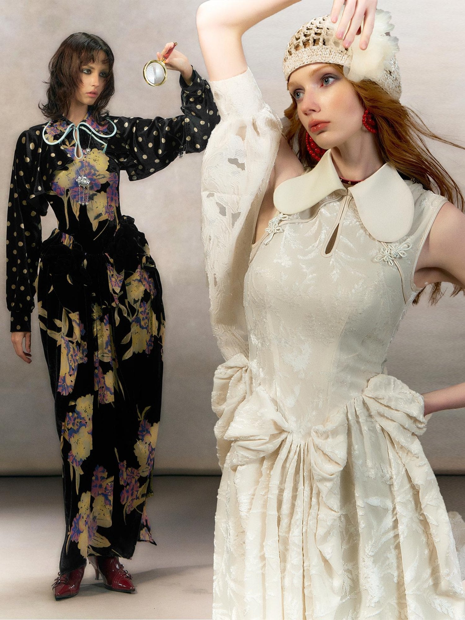 OfAkiva Jacquard High Waist Neo Chinese Mandarin Collar A Line Bubble Maxi Dresses