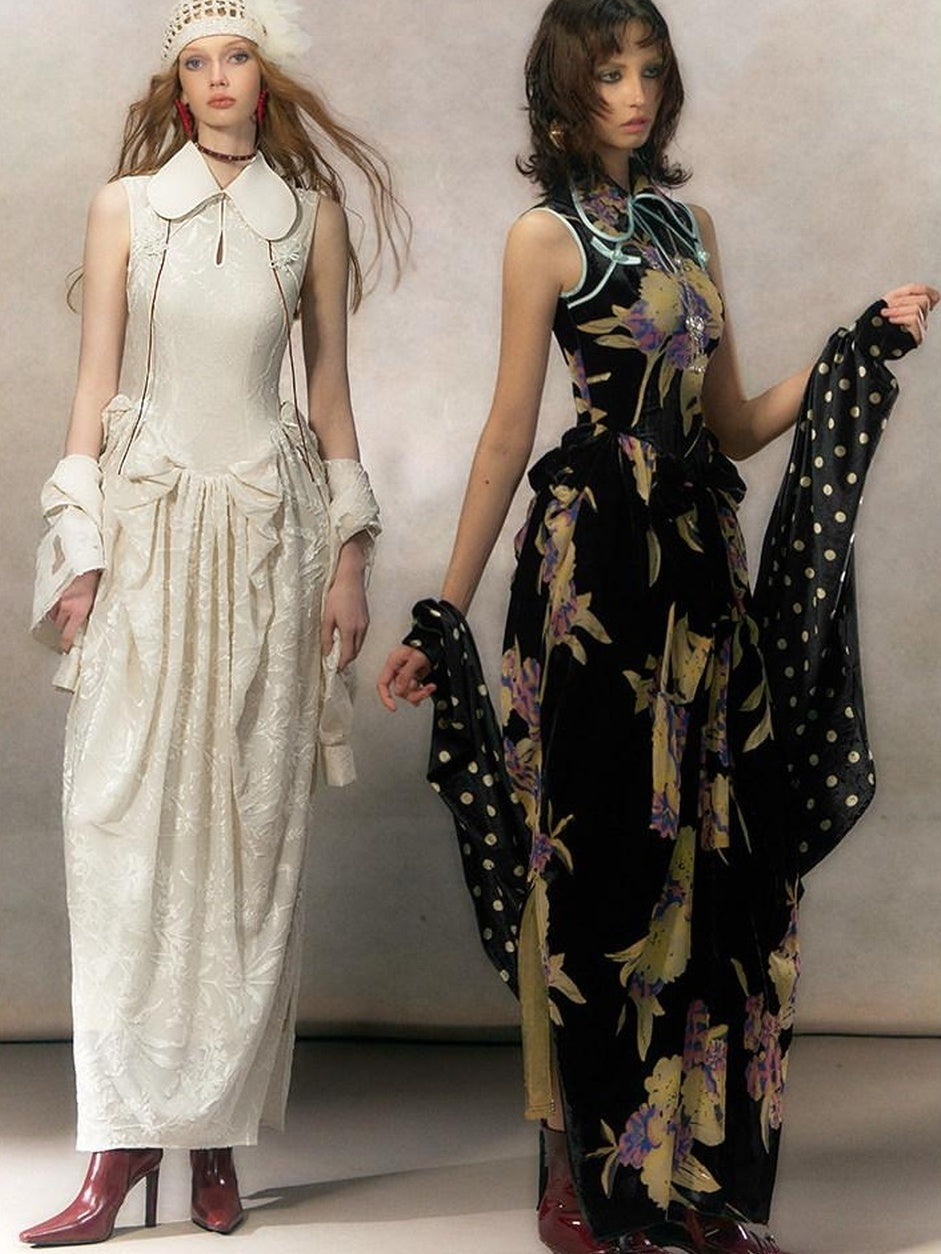 OfAkiva Jacquard High Waist Neo Chinese Mandarin Collar A Line Bubble Maxi Dresses