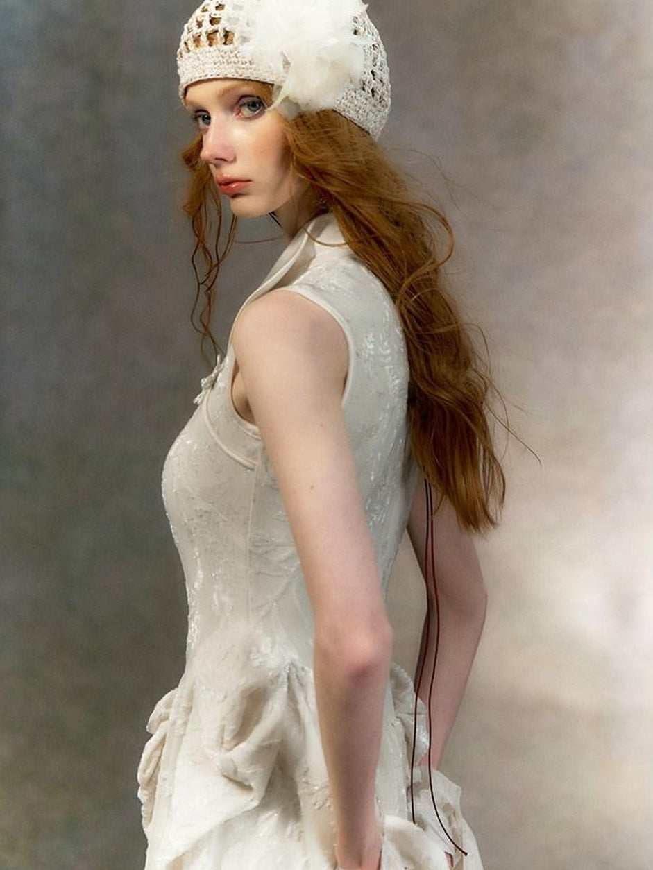 OfAkiva Jacquard High Waist Neo Chinese Mandarin Collar A Line Bubble Maxi Dresses