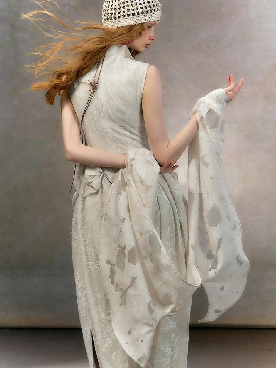 OfAkiva Jacquard High Waist Neo Chinese Mandarin Collar A Line Bubble Maxi Dresses