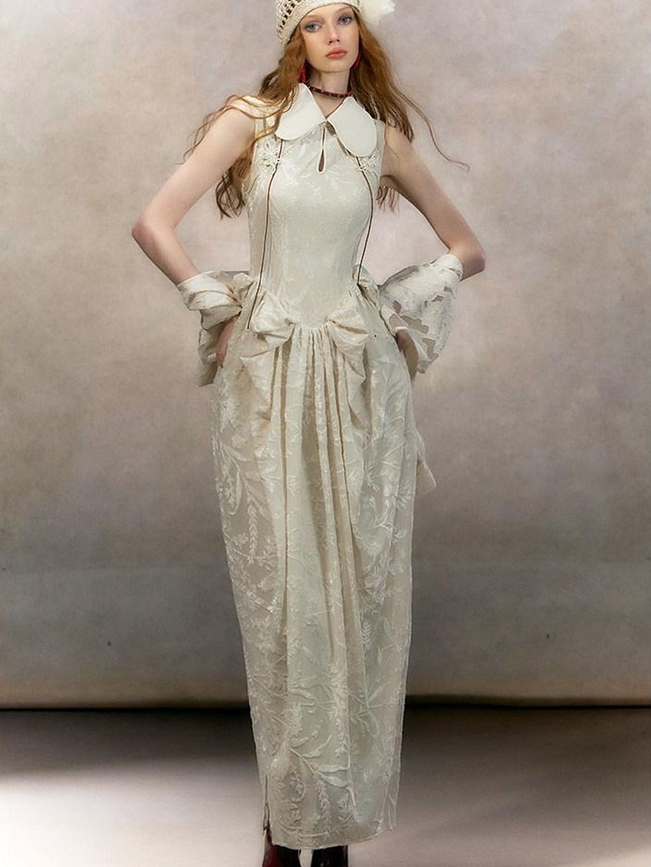 OfAkiva Jacquard High Waist Neo Chinese Mandarin Collar A Line Bubble Maxi Dresses