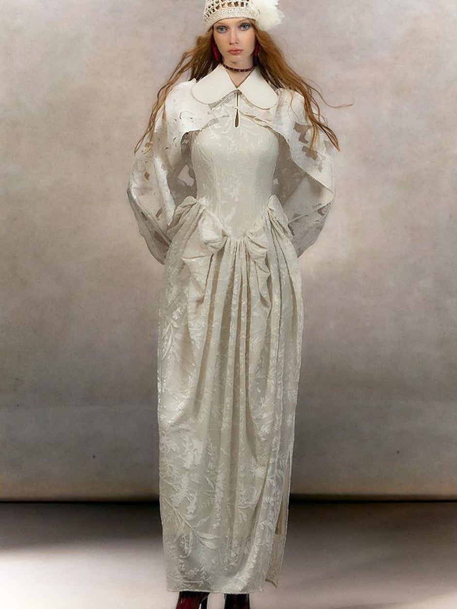 OfAkiva Jacquard High Waist Neo Chinese Mandarin Collar A Line Bubble Maxi Dresses