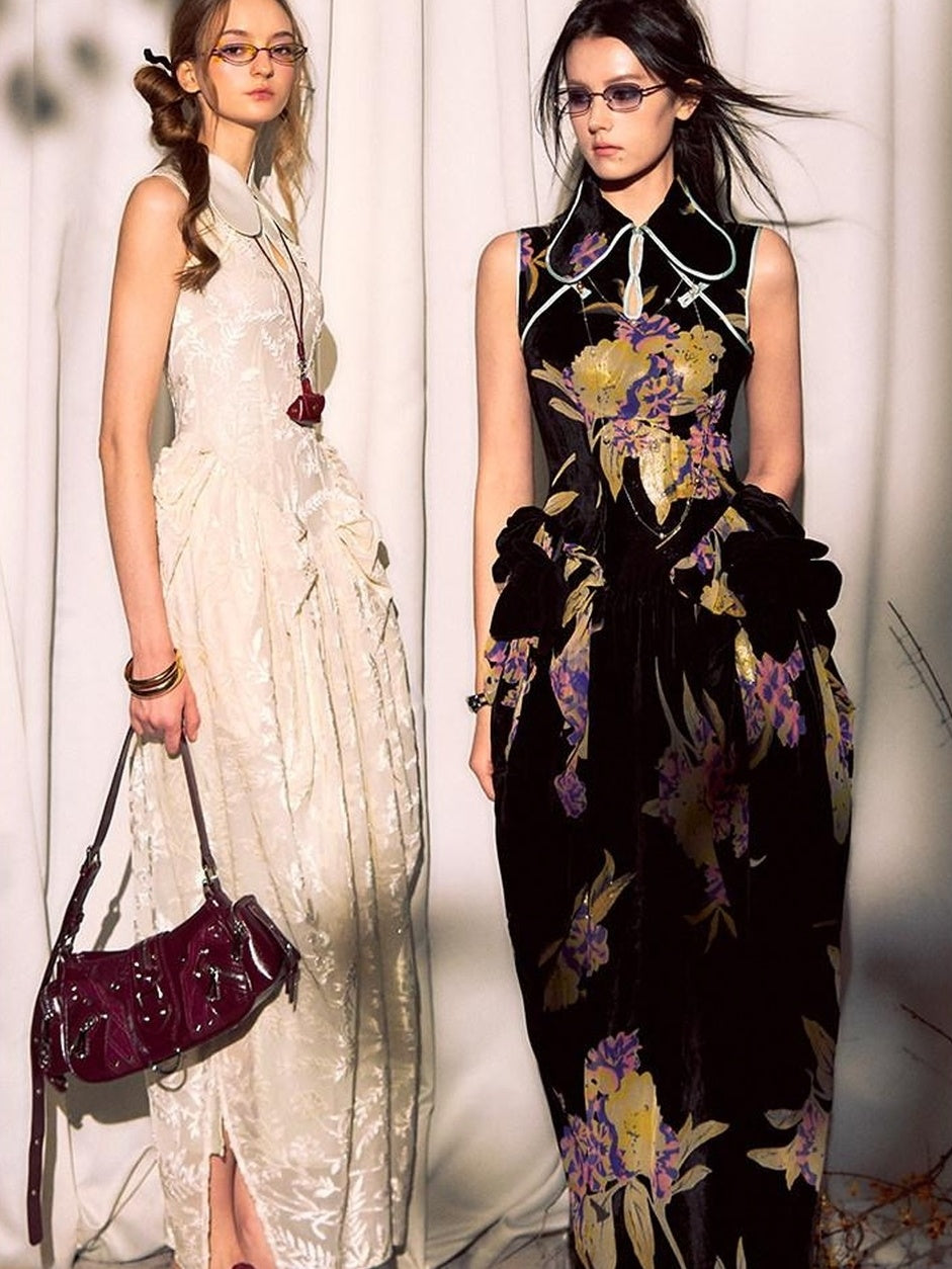 OfAkiva Jacquard High Waist Neo Chinese Mandarin Collar A Line Bubble Maxi Dresses