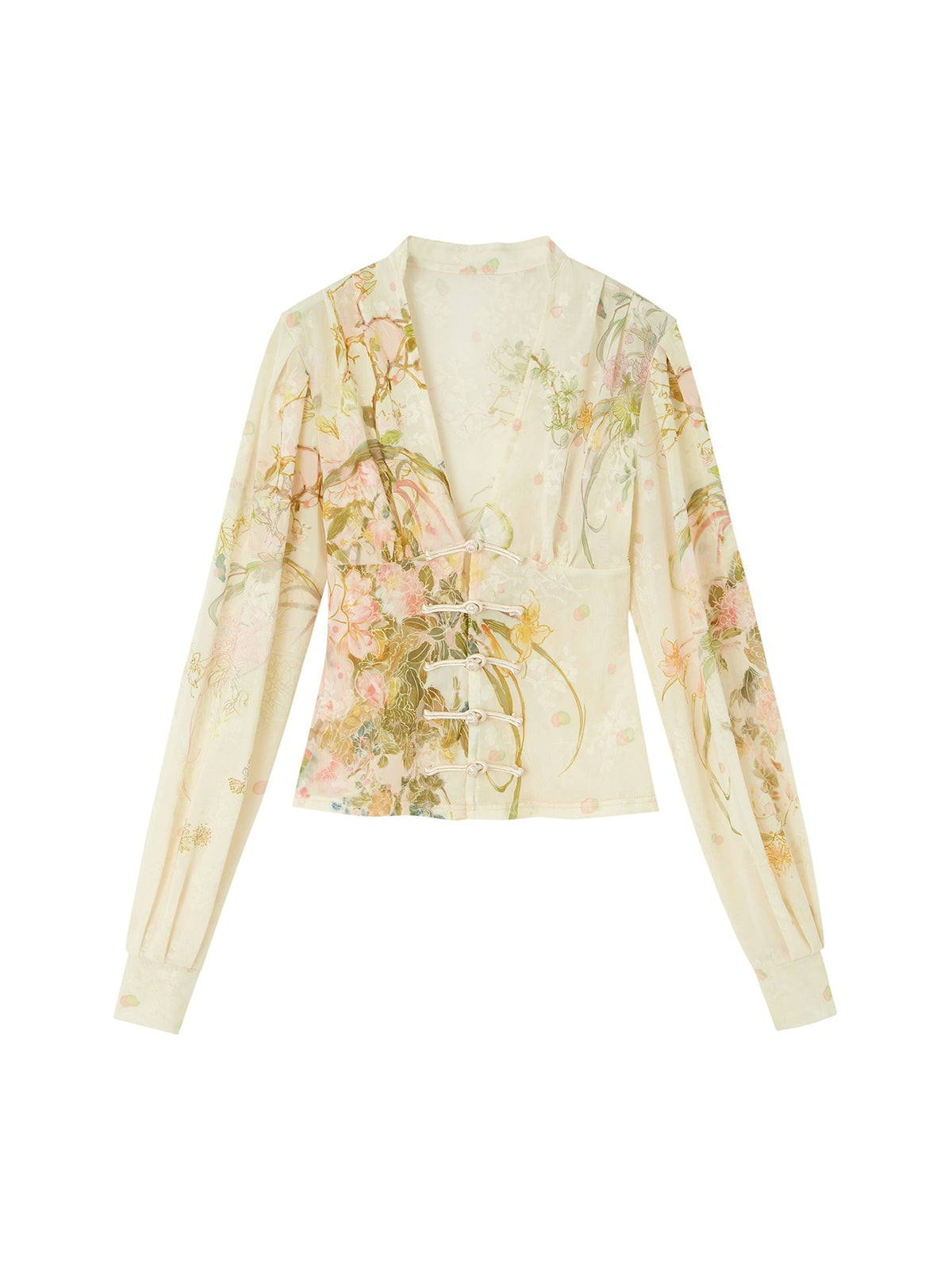 OfAkiva_Jacquard_Print_Pankou_Fitted_Lantern_Sleeve_V-neck_Women&