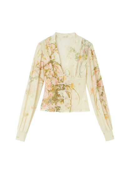 OfAkiva_Jacquard_Print_Pankou_Fitted_Lantern_Sleeve_V-neck_Women&