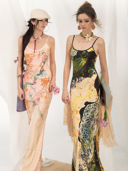 OfAkiva Jungle Leopard Floral Stitched Bias Cut Strappy Women&