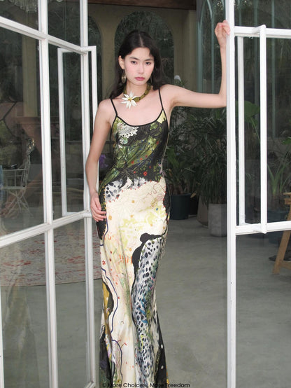 OfAkiva Jungle Leopard Floral Stitched Bias Cut Strappy Women&