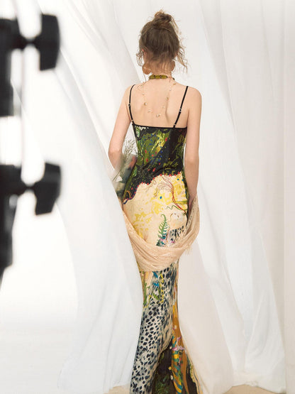 OfAkiva Jungle Leopard Floral Stitched Bias Cut Strappy Women&