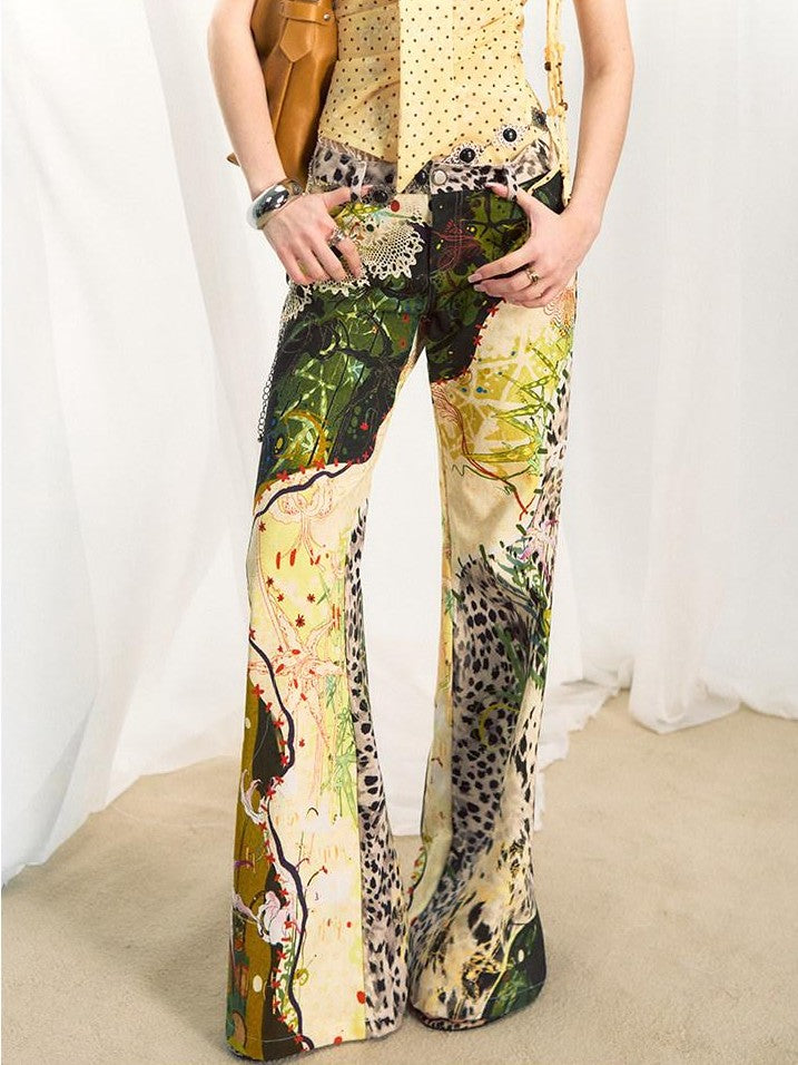 OfAkiva Jungle Leopard Print Low Waist Slim Flared Women&