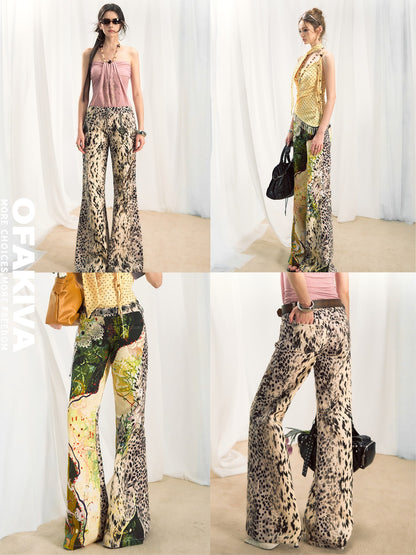 OfAkiva Jungle Leopard Print Low Waist Slim Flared Women&