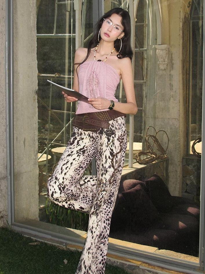 OfAkiva Jungle Leopard Print Low Waist Slim Flared Women&