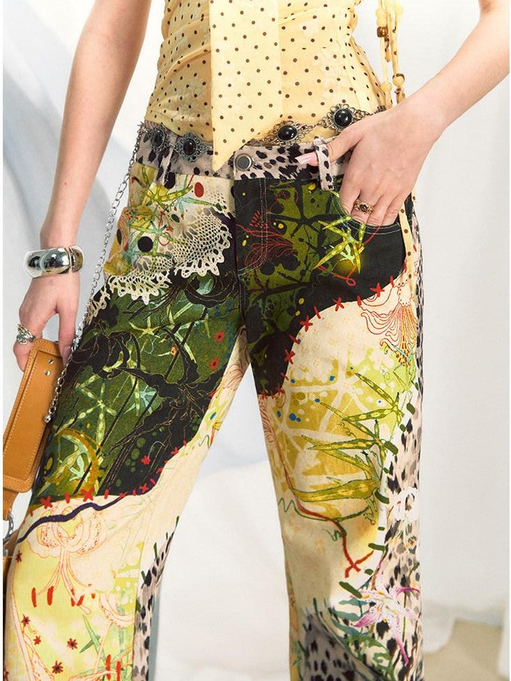 OfAkiva Jungle Leopard Print Low Waist Slim Flared Women&