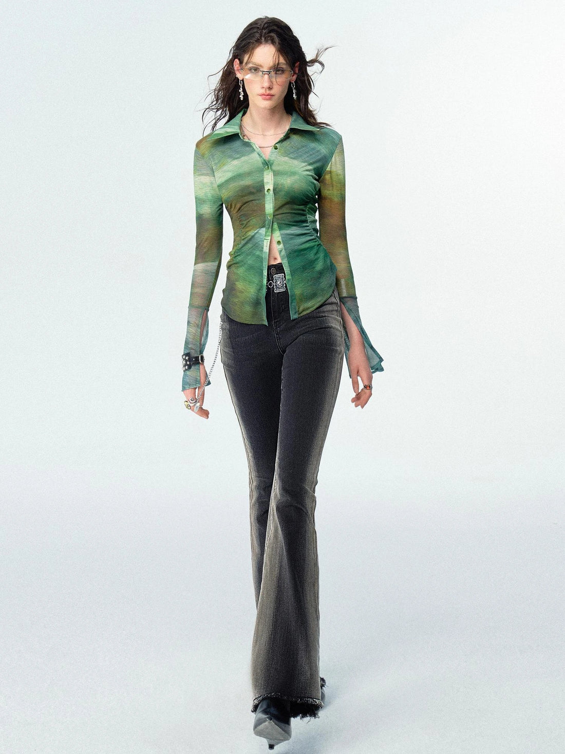 OfAkiva Jungle Print Green Ice Cool V-neck T-shirt Long Sleeve