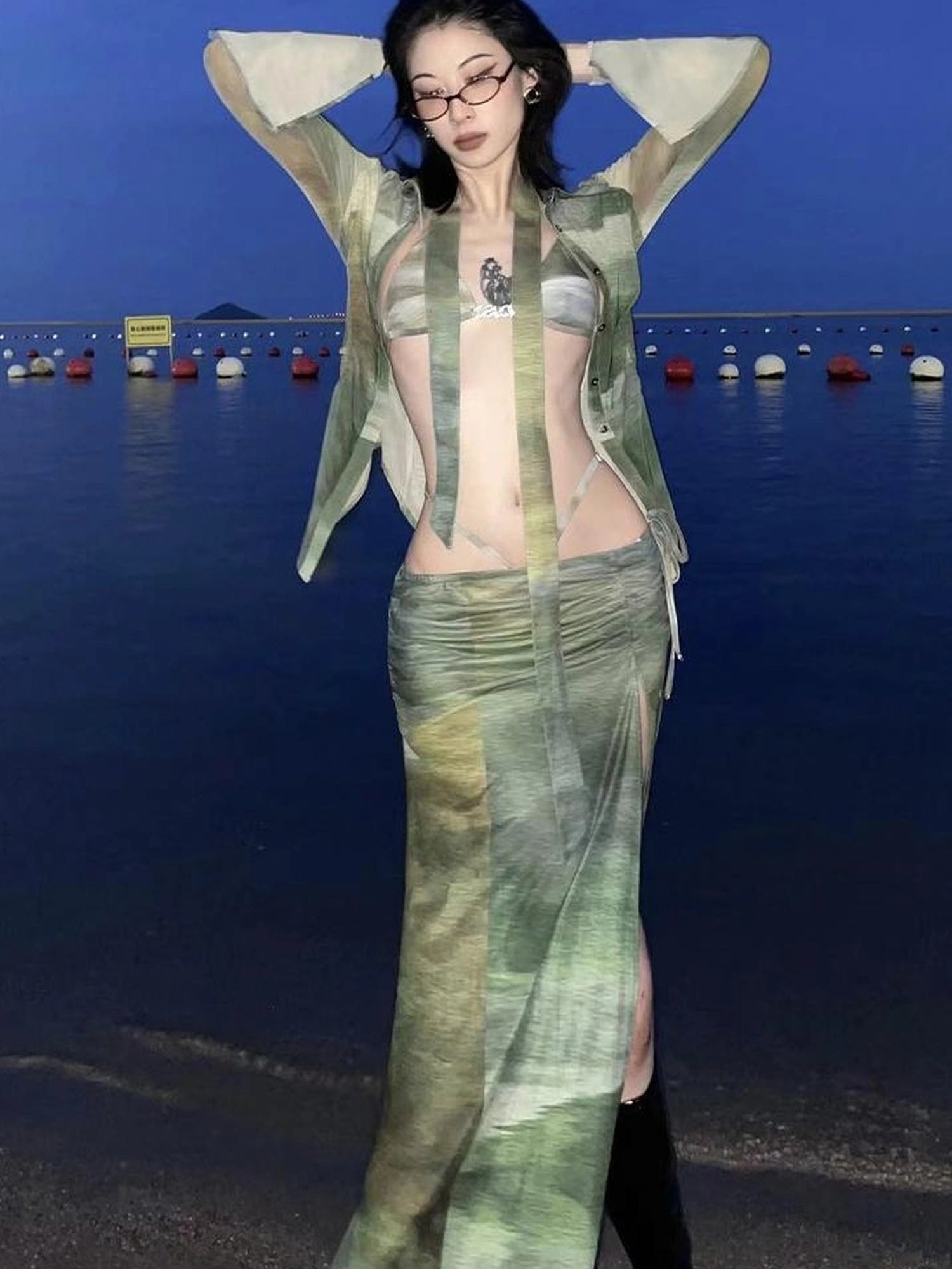 OfAkiva Jungle Print High Slit Mesh Maxi Skirt