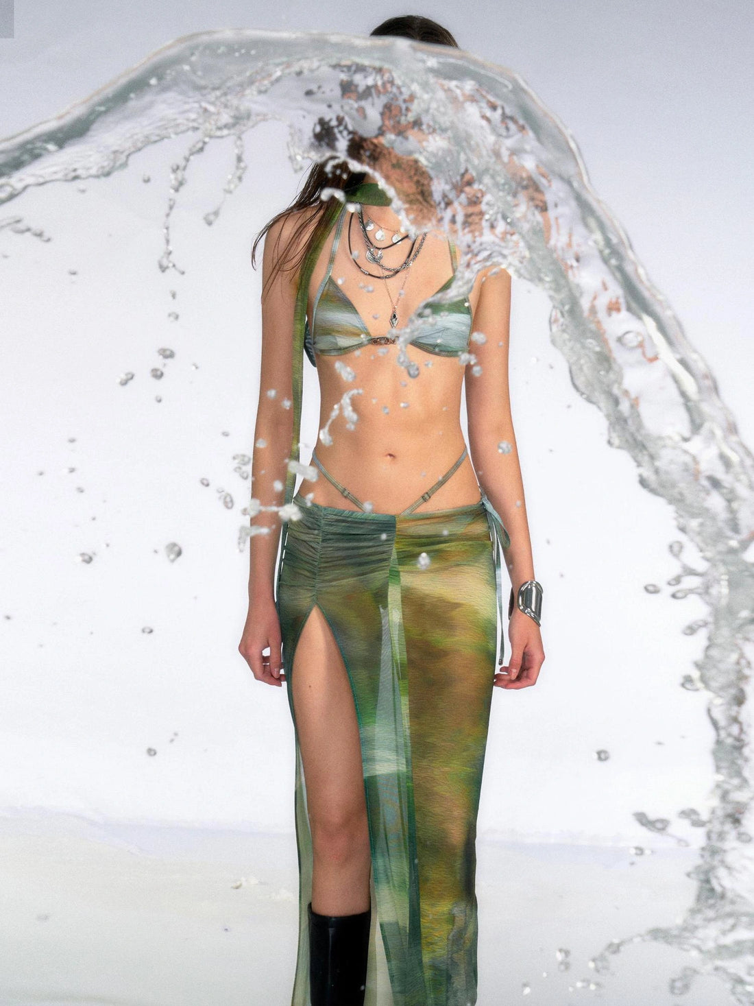 OfAkiva Jungle Print High Slit Mesh Maxi Skirt