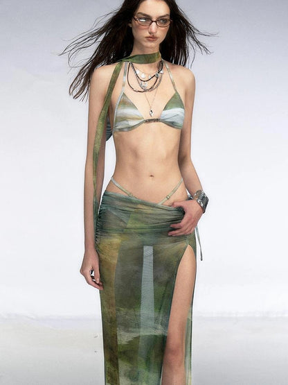 OfAkiva Jungle Print High Slit Mesh Maxi Skirt