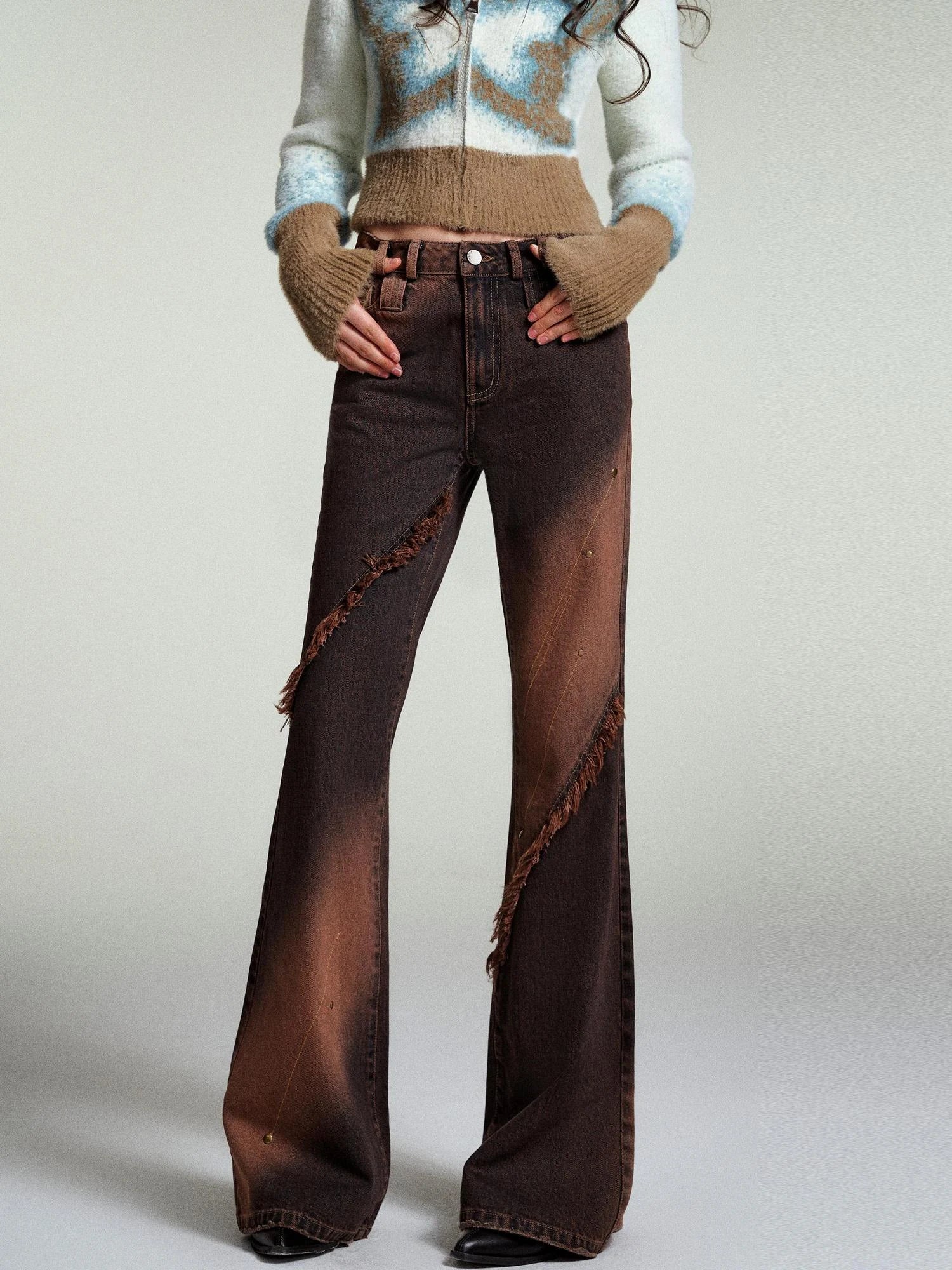 OfAkiva Kronos Brown Meteor Asymmetrical Flare Jeans