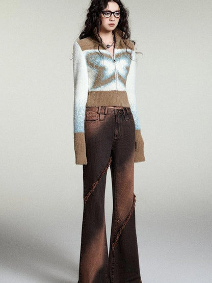 OfAkiva Kronos Brown Meteor Asymmetrical Flare Jeans