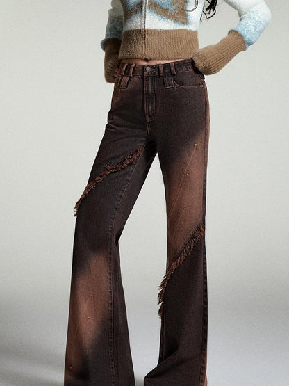 OfAkiva Kronos Brown Meteor Asymmetrical Flare Jeans