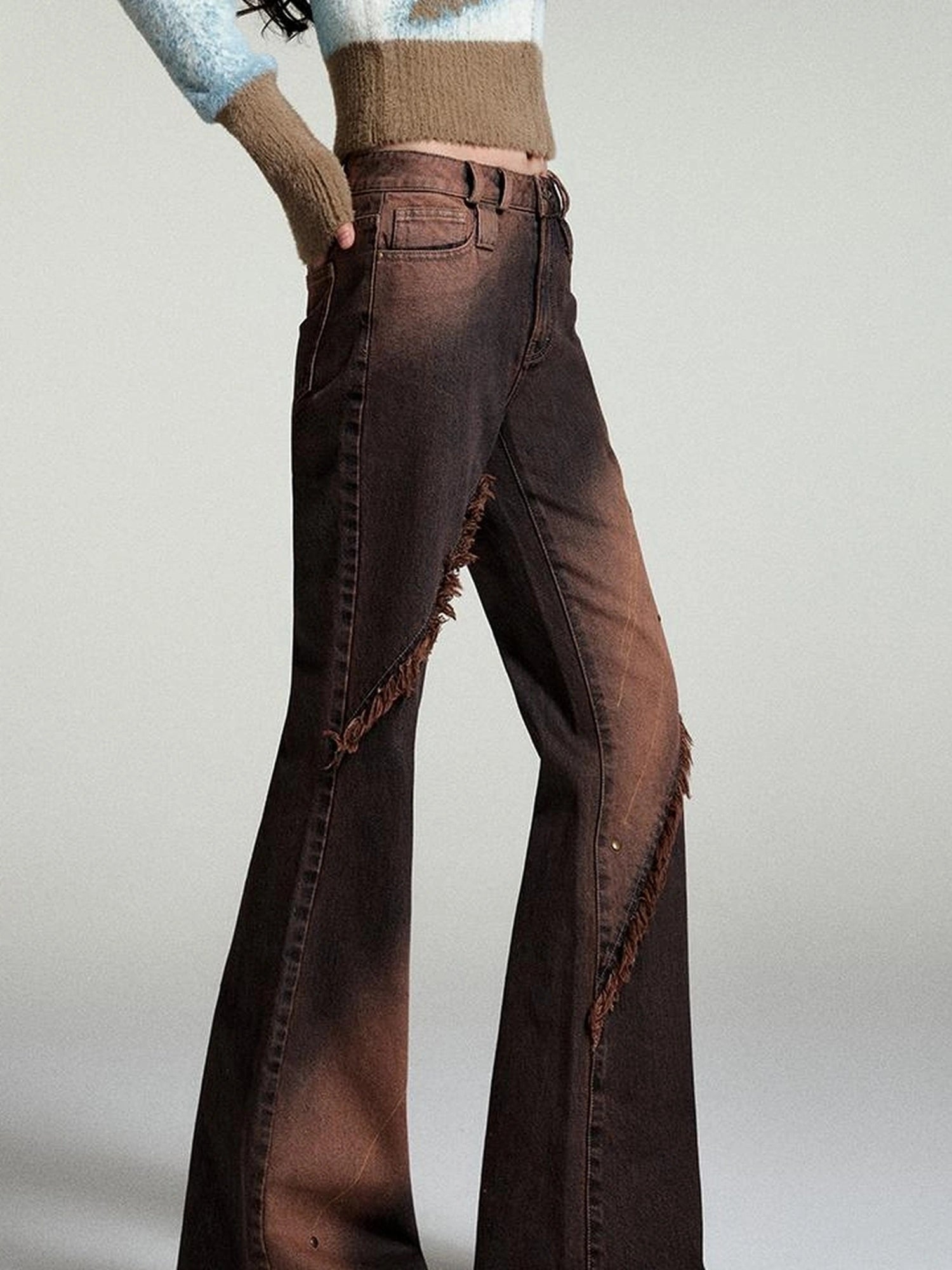 OfAkiva Kronos Brown Meteor Asymmetrical Flare Jeans