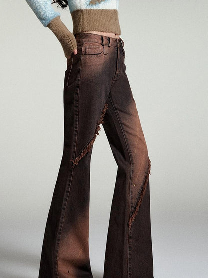 OfAkiva Kronos Brown Meteor Asymmetrical Flare Jeans