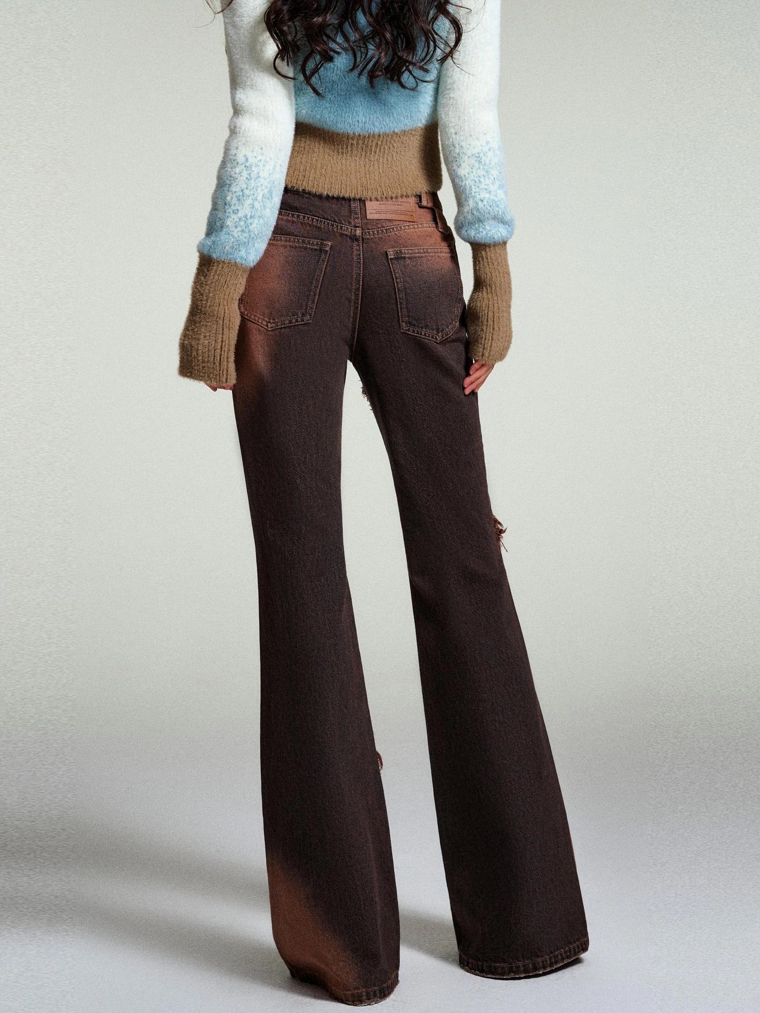 OfAkiva Kronos Brown Meteor Asymmetrical Flare Jeans