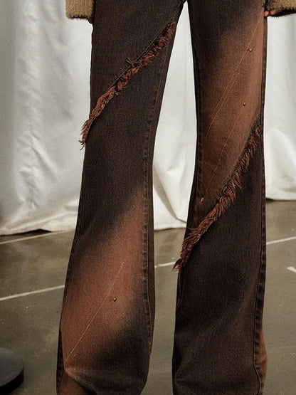 OfAkiva Kronos Brown Meteor Asymmetrical Flare Jeans